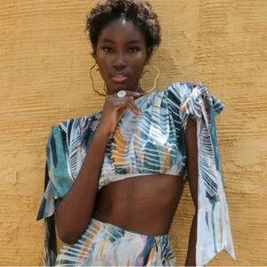 ANDREA IYAMAH | NEW Abstract Halima Tie Shoulder Crop Top Women’s Size Medium